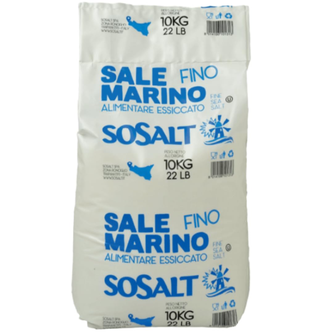 Bulk 10kg (22 lb) bag of SoSalt Fine Sea Salt from Trapani, Sicily, featuring blue branding and labeling, all-natural Mediterranean sea salt, ideal for foodservice and kosher certified.