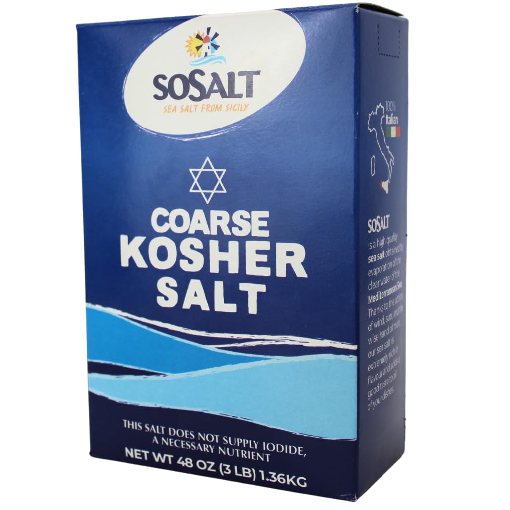 Blue box of SoSalt Kosher Salt from Sicily, 48 oz (1.36 kg), featuring the Star of David symbol, labeled “This salt does not supply iodide, a necessary nutrient,” with nutrition facts and ingredient details on the side.
