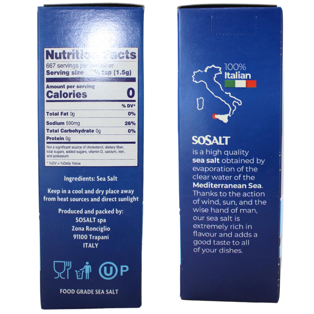 Box of SoSalt Kosher Salt, showing the back and side panels with nutritional information and product description.