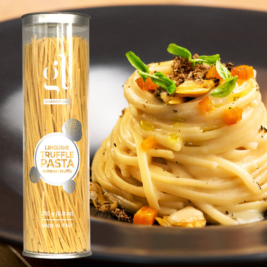 GL Linguine Truffle Pasta 250g (8.8 oz) with summer truffle, authentic Italian gourmet pasta served with fresh vegetables and herbs, Made in Italy