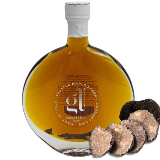 GL Gourmet Line Truffle Maple Syrup in round glass bottle, 3.3 fl oz, infused with real truffle slices, made in Italy.