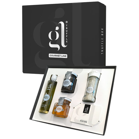 GL Truffle Gourmet Gift Box with truffle oil, truffle sauce, truffle salt, truffle honey, and recipe book, luxury truffle set made in Italy