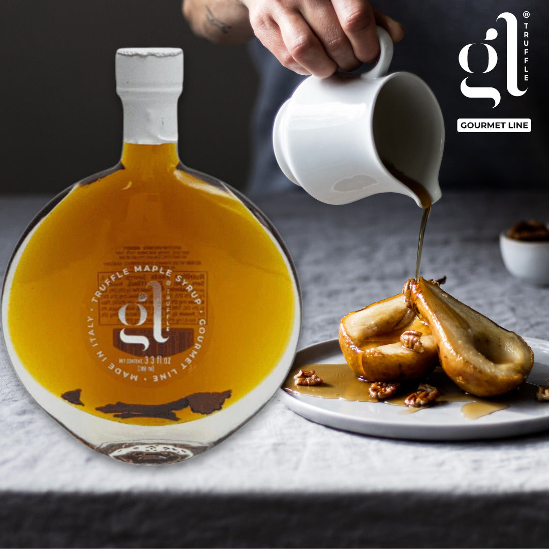 GL Gourmet Line Truffle Maple Syrup bottle with truffle slices, 3.3 fl oz, styled with caramelized pears and walnuts drizzled with syrup