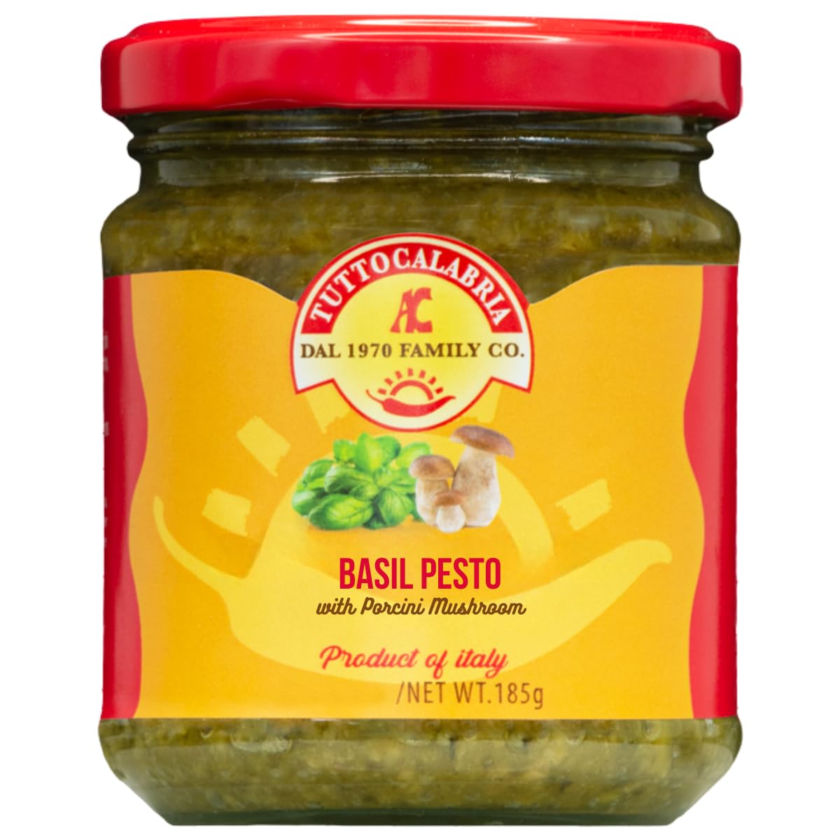 Jar of TuttoCalabria Basil Pesto with Porcini Mushroom, product of Italy, 185g.