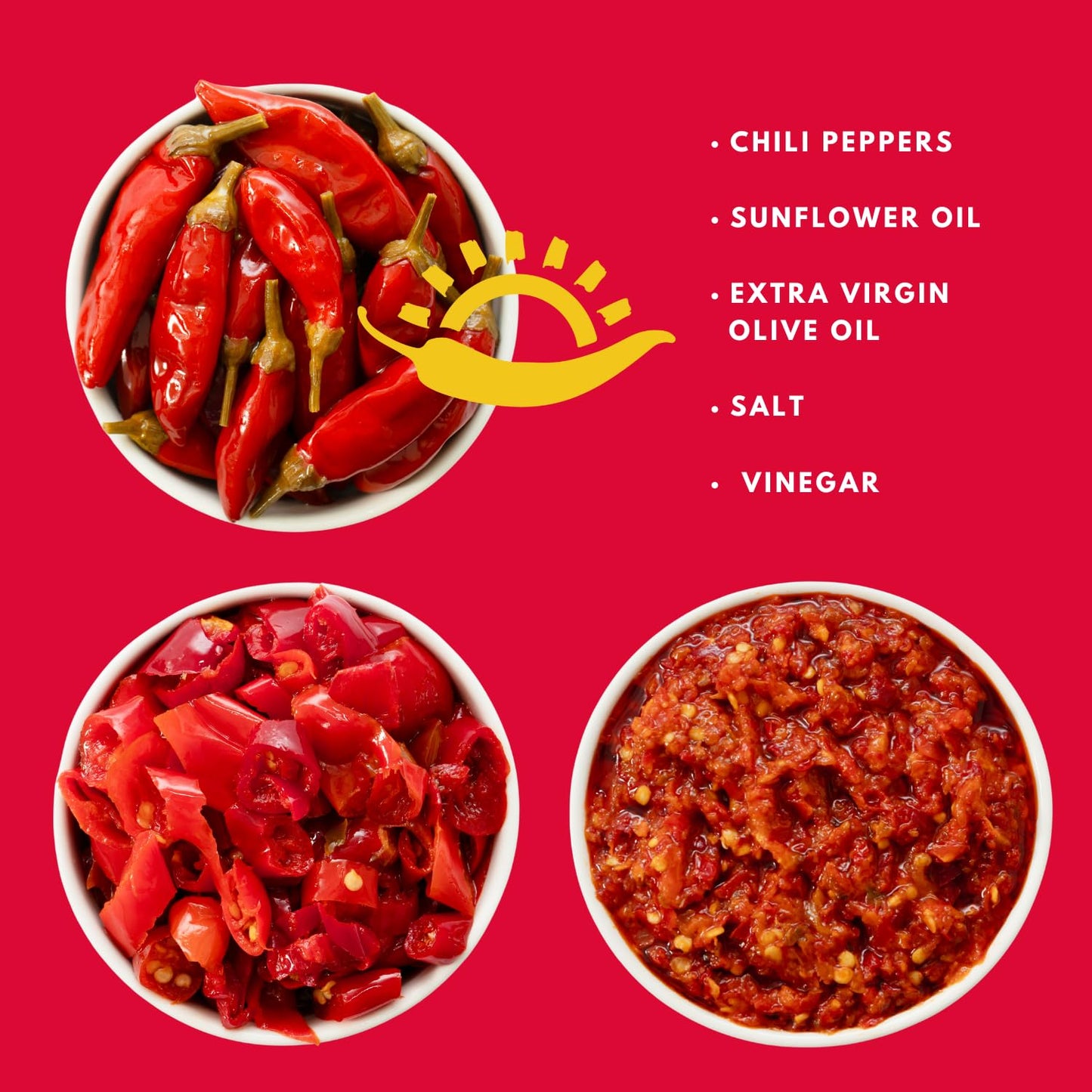Bowl of TuttoCalabria red chili peppers, chopped chili peppers, and a red sauce on a red background with ingredients listed.