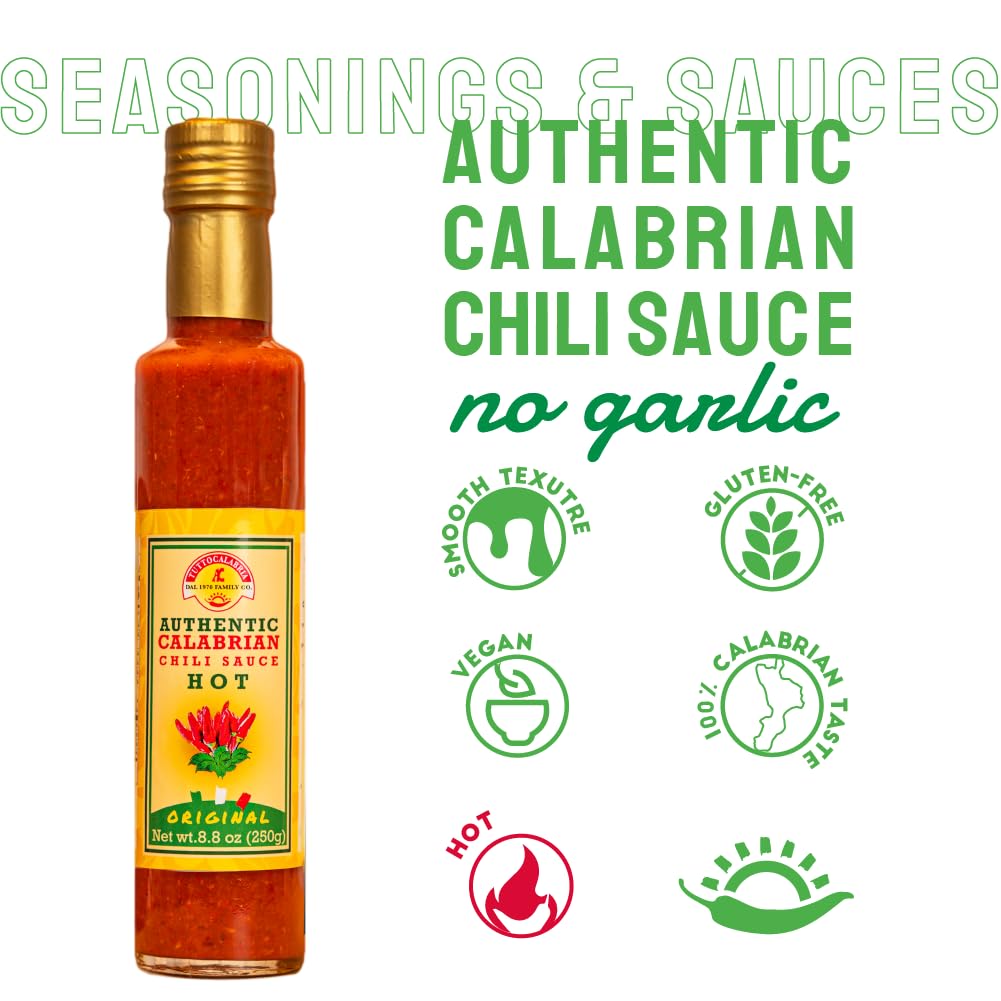 Bottle of TuttoCalabria Authentic Calabrian Chili Sauce with garlic on a white background