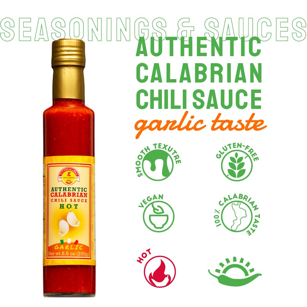 Bottle of TuttoCalabria Authentic Calabrian Chili Sauce with garlic taste on a white background