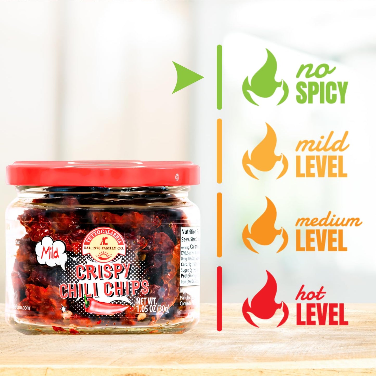 TuttoCalabria Mild Crispy Chili Chips in 1.05 oz (30g) glass jar, crunchy Calabrian chili slices with mild heat, product of Italy