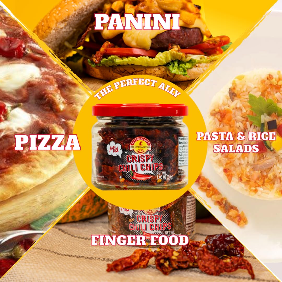 Tutto Calabria Mild Crispy Chili Chips jar surrounded by serving suggestions including pizza, panini, pasta, rice salads, and finger foods on a bright yellow background with text ‘The Perfect Ally