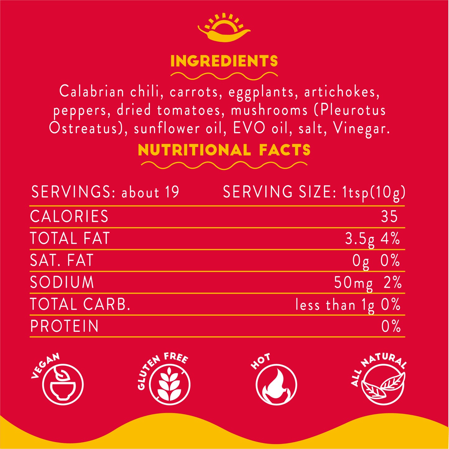 Product label with ingredients, nutritional facts, and icons on a red background
