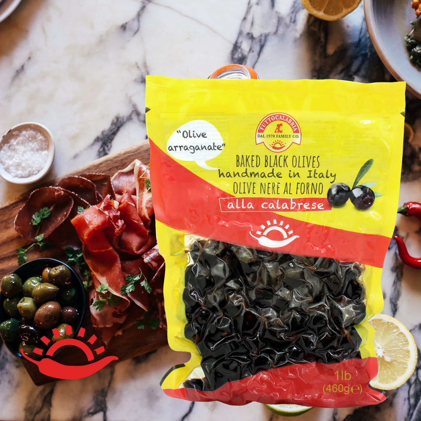 TuttoCalabria, Baked Oven Roasted Black Olives with Pits, Semi Dried Black Olives, 460 g (16.22 oz), Olives al Forno, TuttoCalabria, Handmade in Calabria, Italy, Calabrian Black Olives