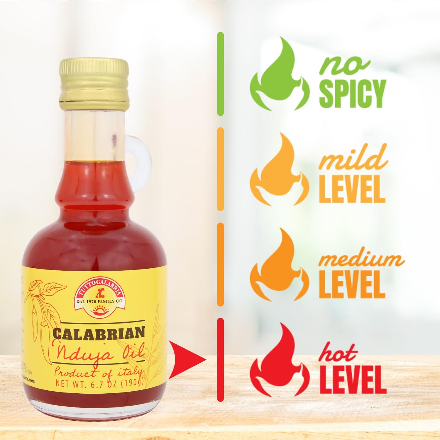 Bottle of Calabrian Nduja Oil with spicy level indicator on a white background