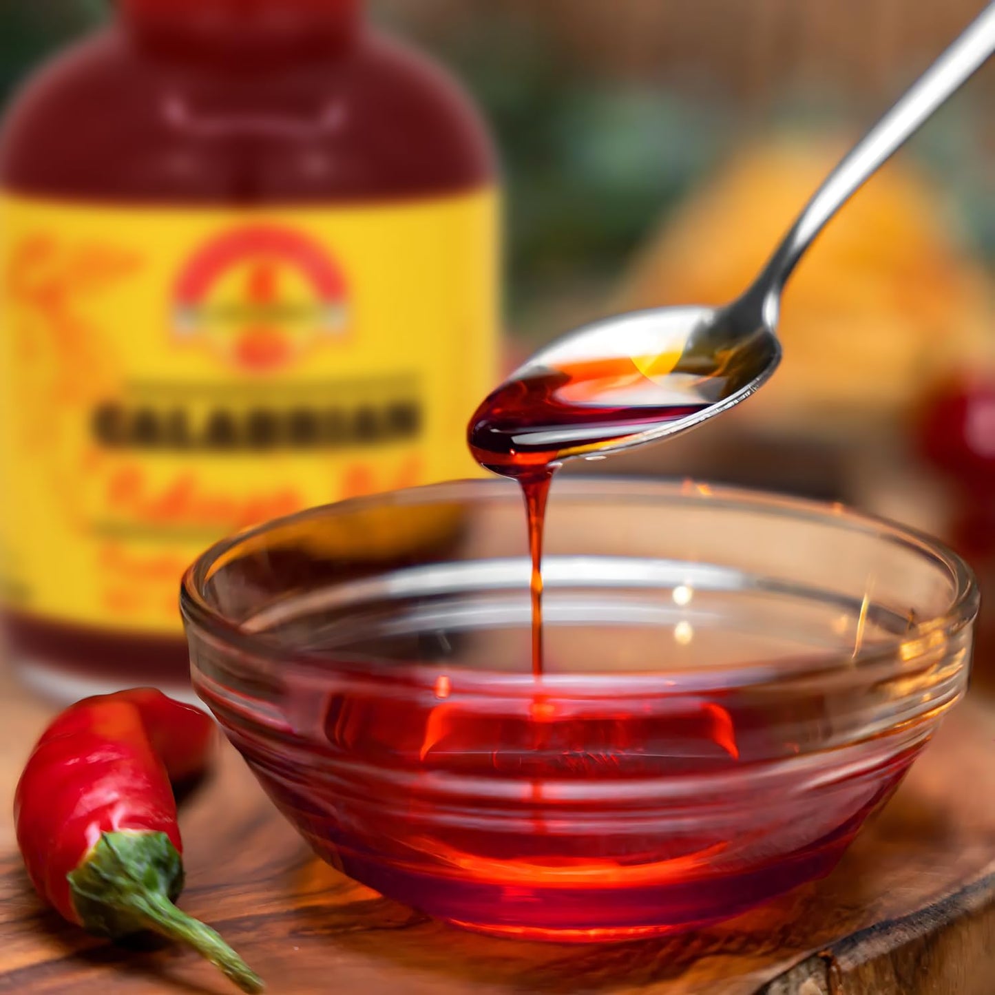 Spoon drizzling hot sauce into a glass bowl with a bottle of hot sauce in the background.