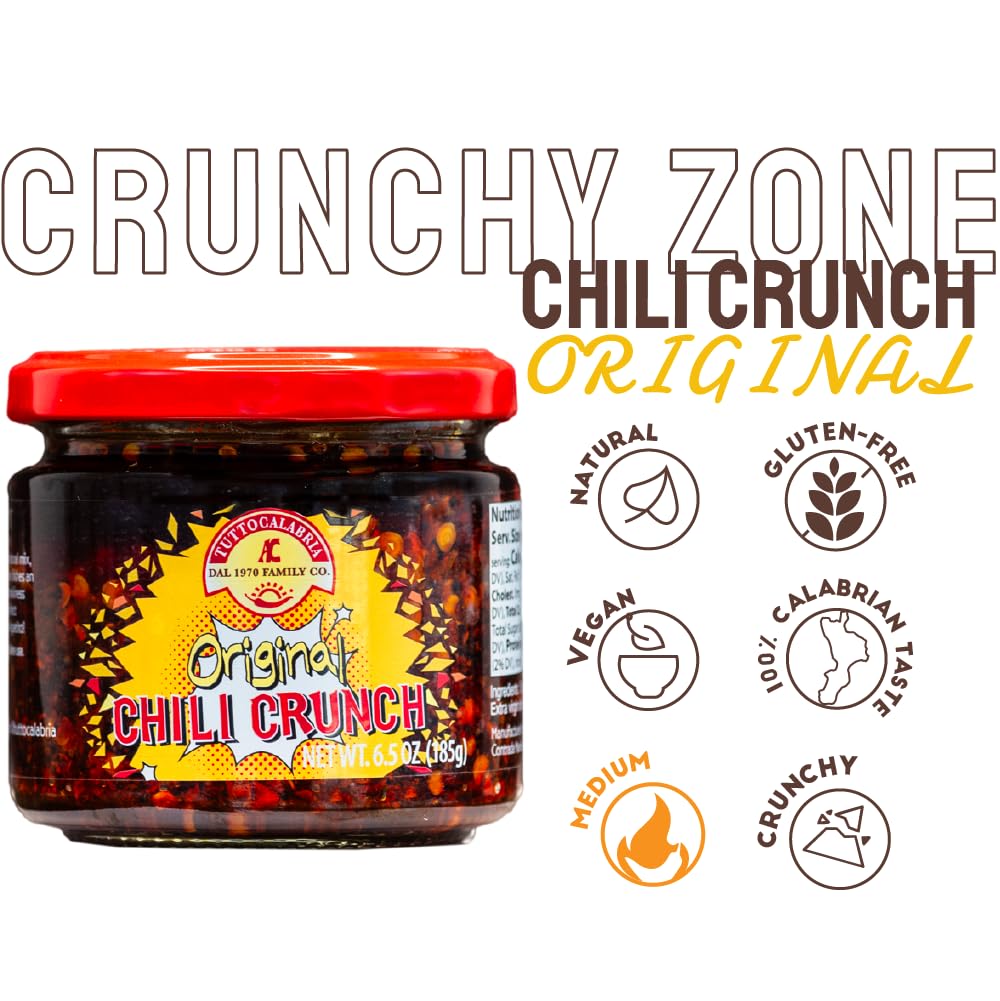 Jar of TuttoCalabria Crunchy Zone Chilli Crunch Original with branding and product details on a white background