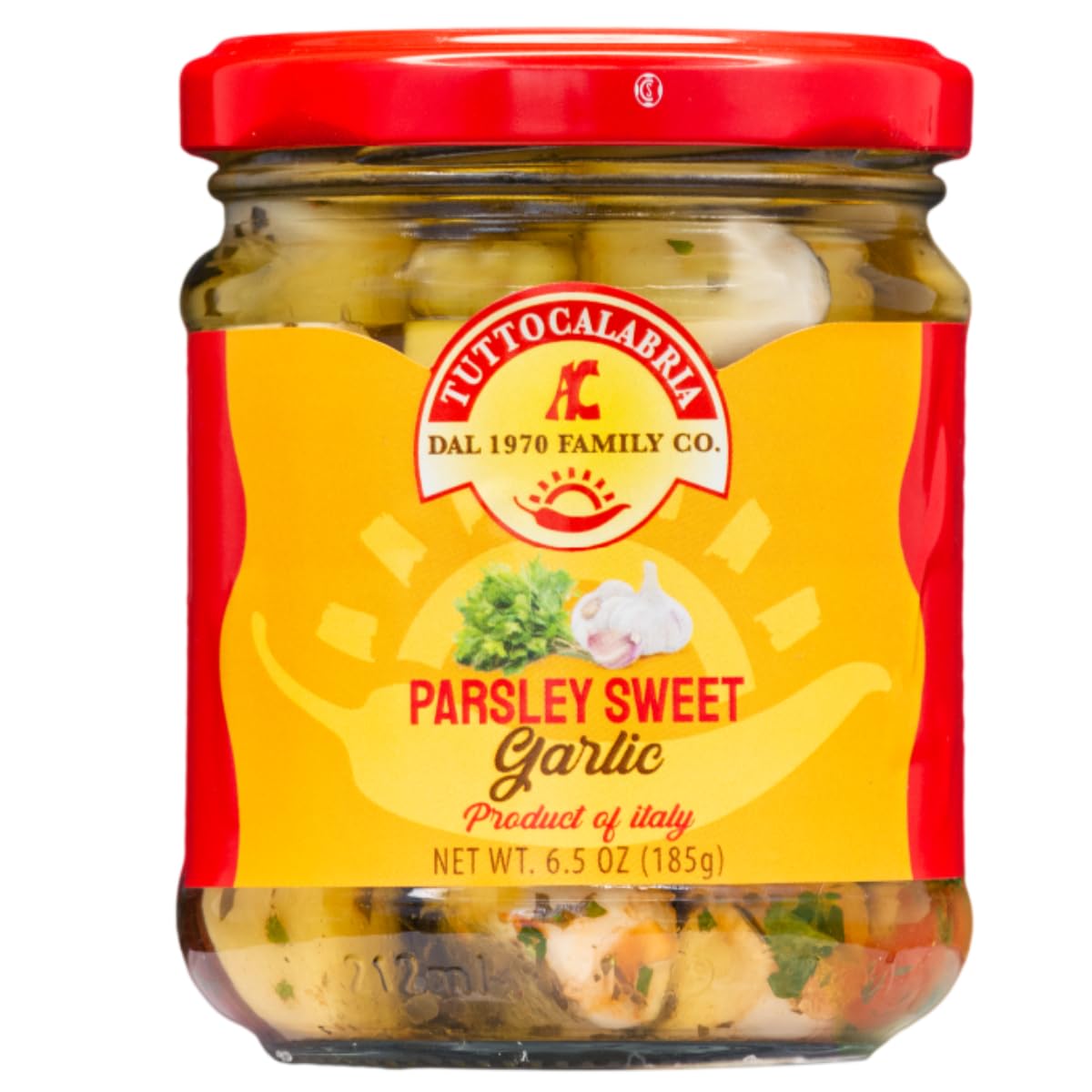 Jar of Tutto Calabria Parsley Sweet Garlic, product of Italy, 6.5 oz (185g), featuring whole garlic cloves marinated with parsley in oil