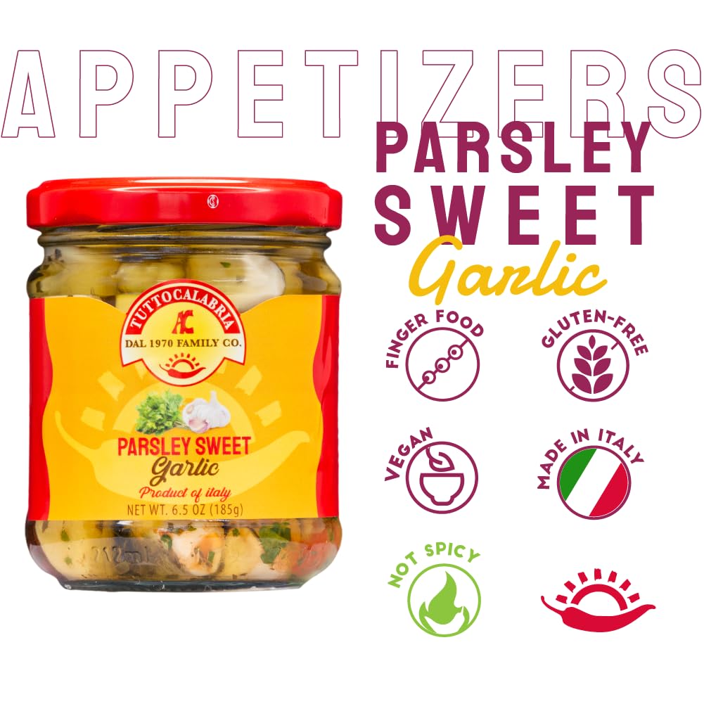 Tutto Calabria Parsley Sweet Garlic, product of Italy, 6.5 oz (185g), featuring whole garlic cloves marinated with parsley in oil