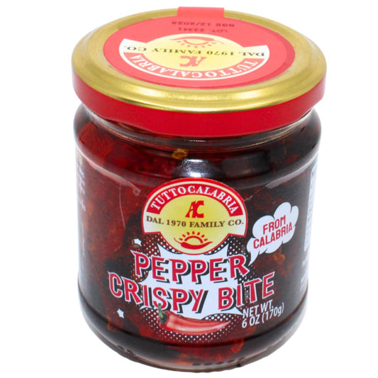 Jar of Tutto Calabria Pepper Crispy Bite, 6 oz, with red peppers in oil, authentic product from Calabria, Italy