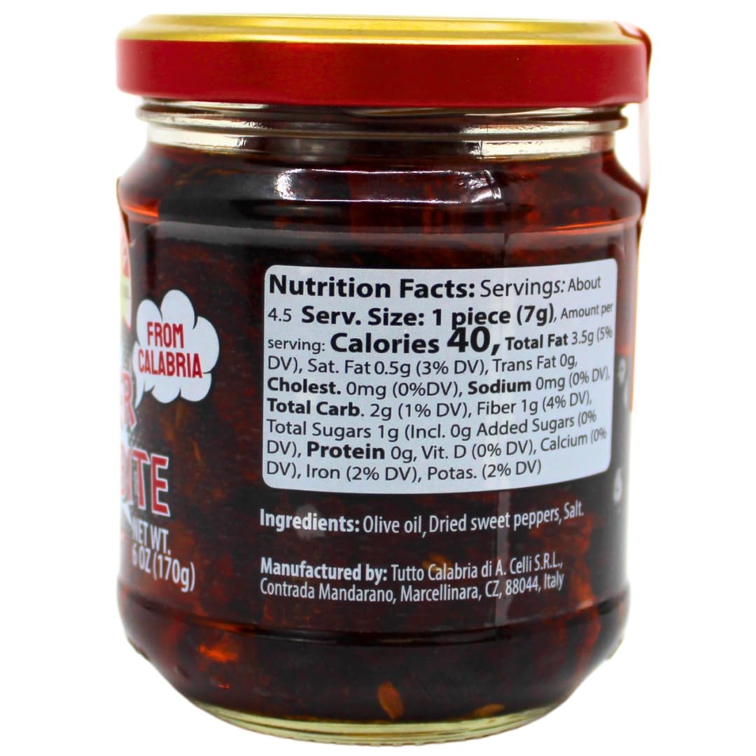 Jar of Tutto Calabria Pepper Crispy Bite, 6 oz, with red peppers in oil, authentic product from Calabria, Italy