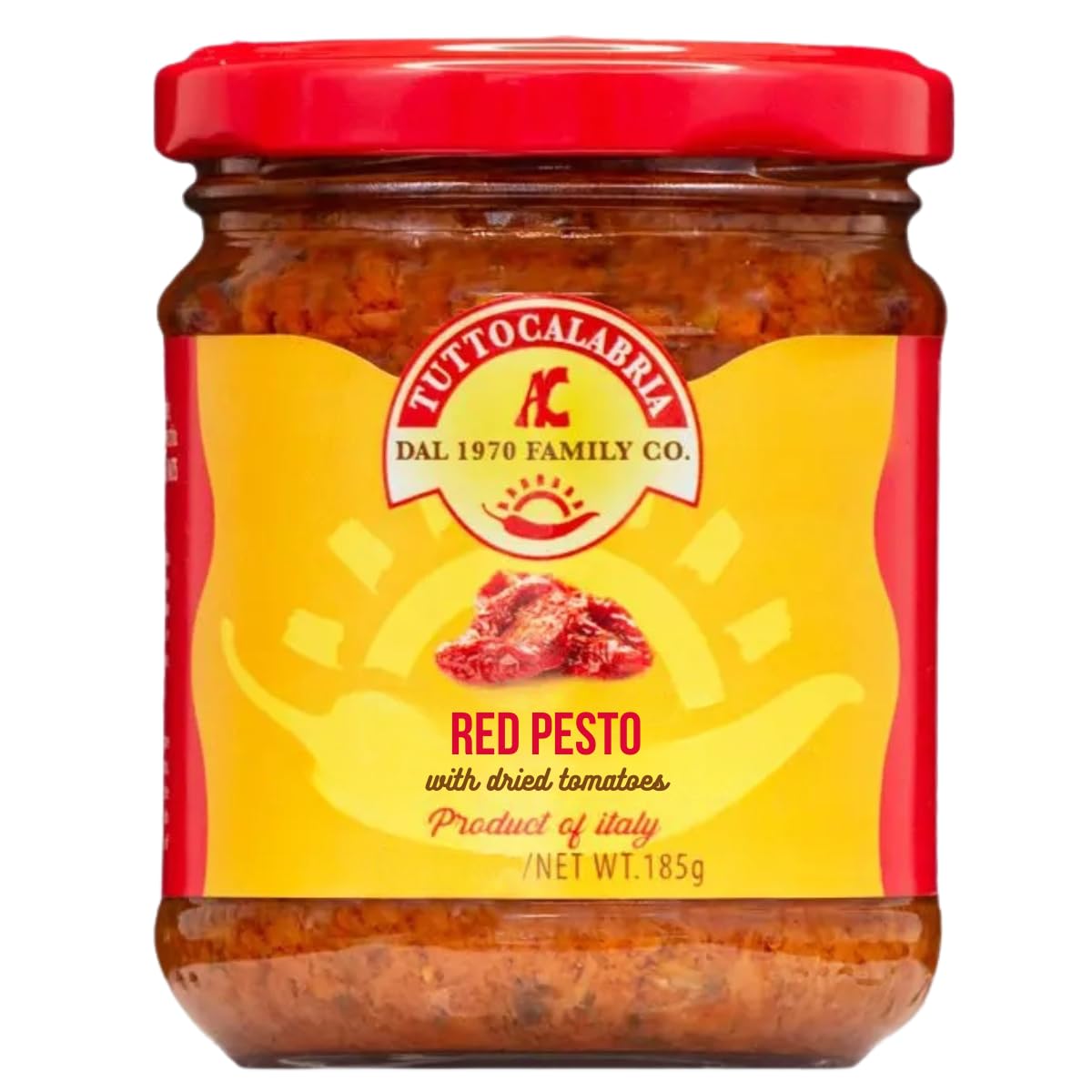 Jar of TuttoCalabria Red Pesto with dried tomatoes, 185g, product of Italy