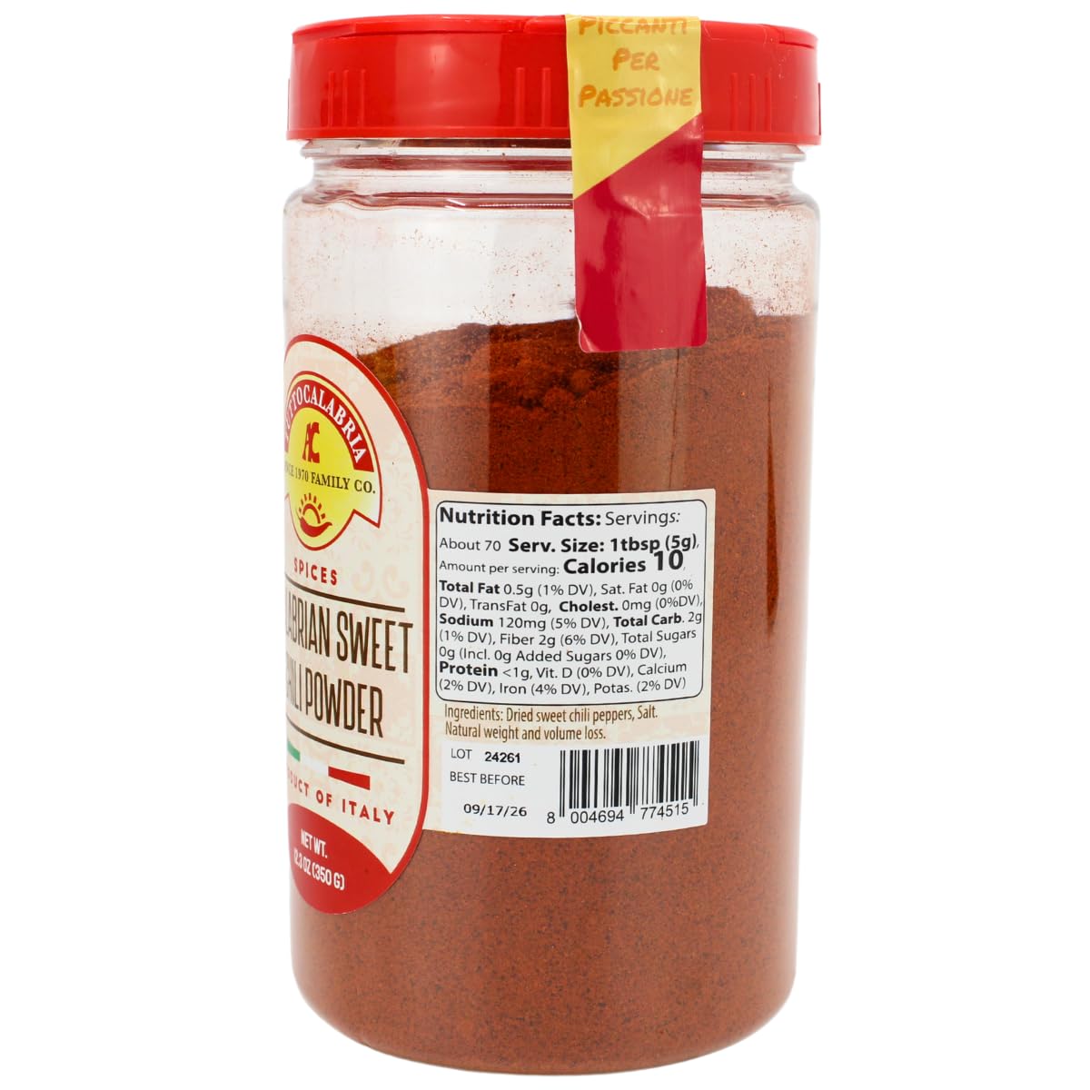 Jar of Italian sweet paprika with a red lid on a white background