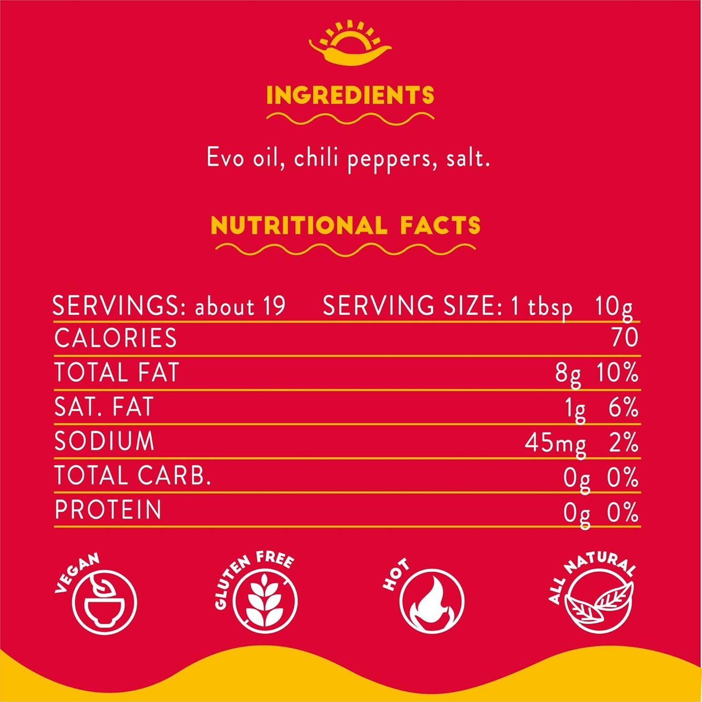 Nutritional facts and ingredients list on a red background with yellow text and icons.