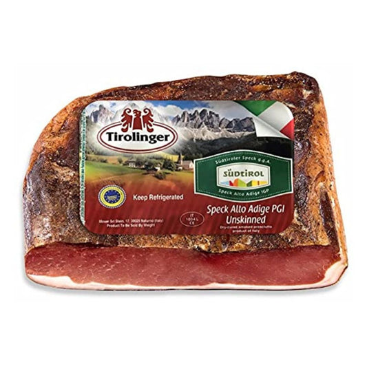 Packaged meat with Tirolinger label on a white background