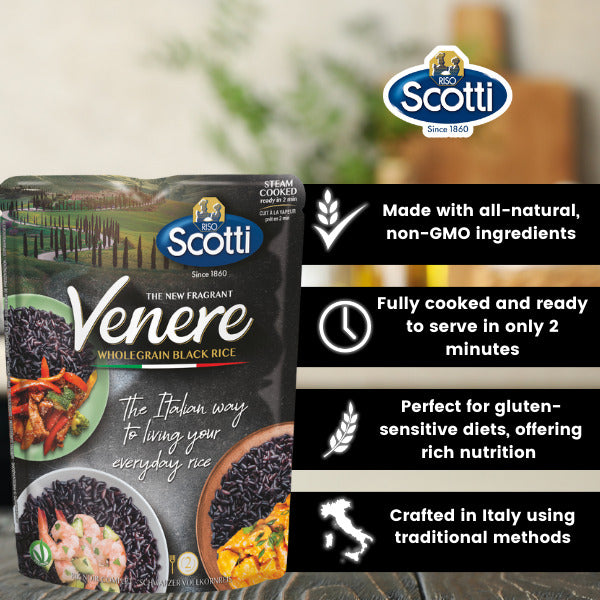 Scotti Venere wholegrain black rice package with product details on a blurred background