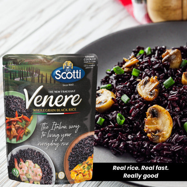 Scotti Venere whole grain black rice package with a dish of black rice and mushrooms on a white background