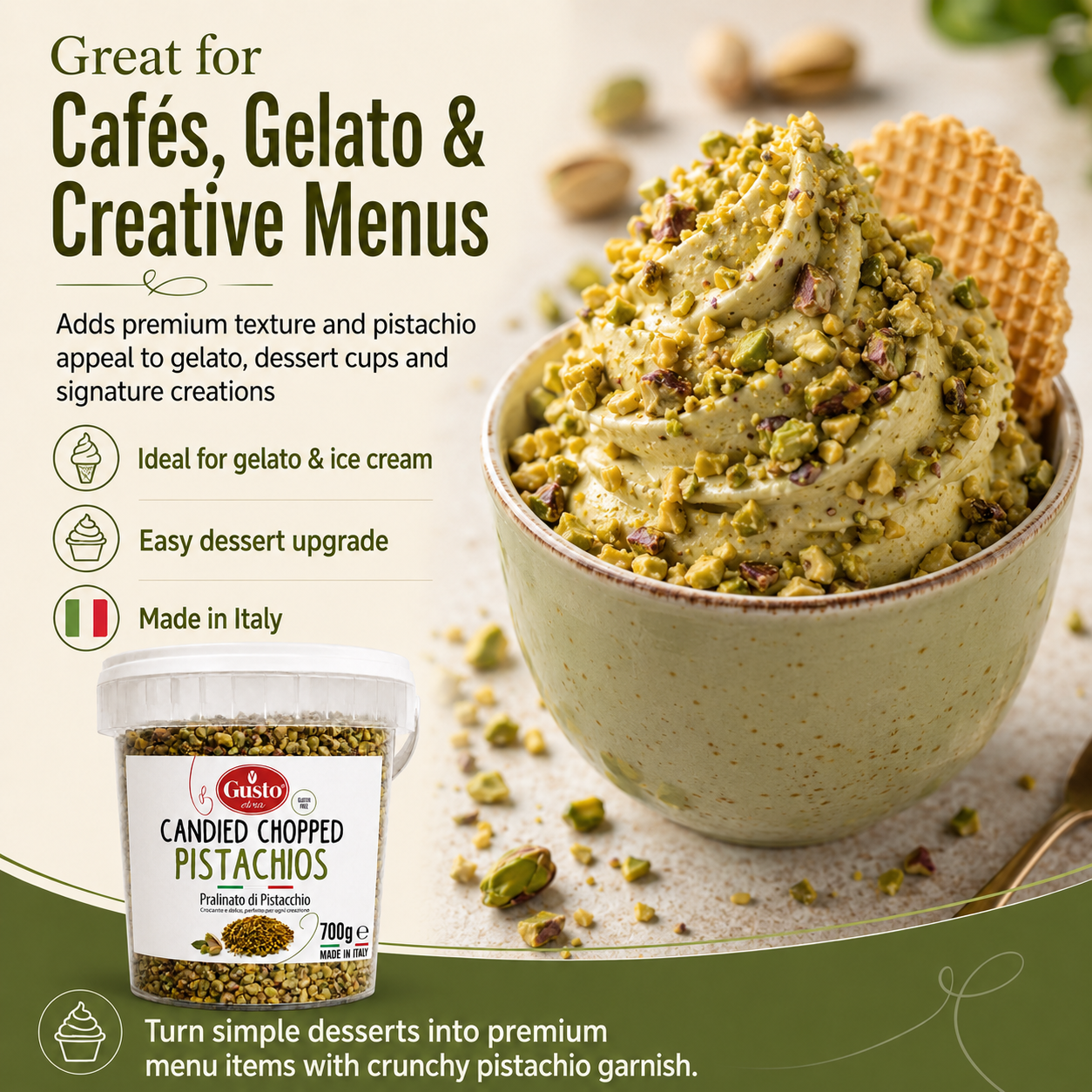 Gusto Etna Candied Chopped Pistachios, 700g / 24.7 oz – Italian Pralinated Pistachios for Baking, Gelato, Pastries & Desserts