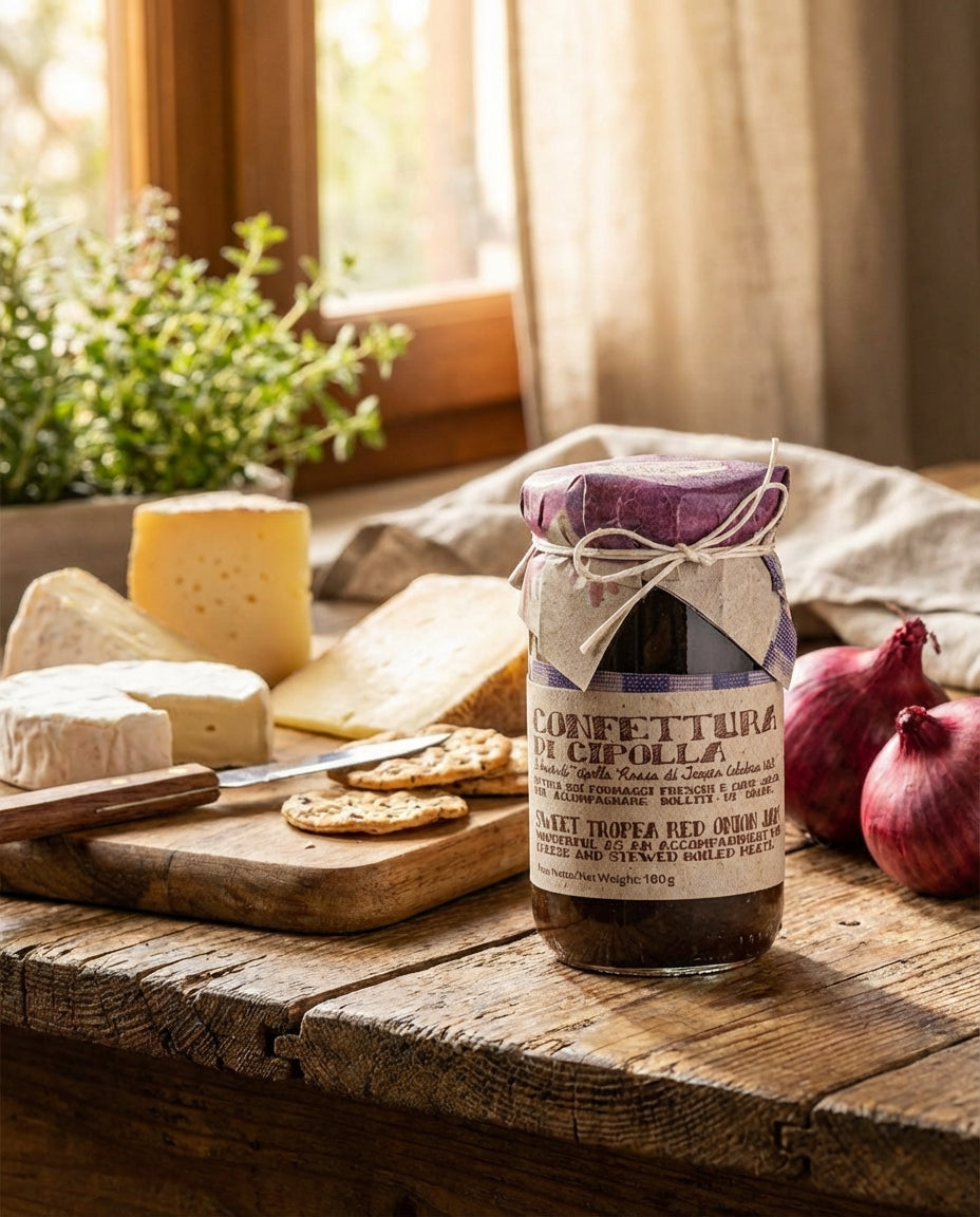 Jar of confettura di cipolla on a wooden table with cheese and onions