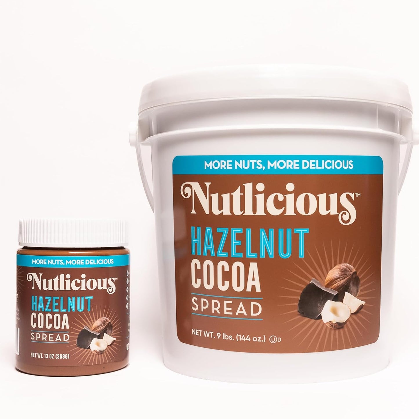 Nutlicious Hazelnut Cocoa Spread packaging including a large bucket and a smaller jar on a white background.