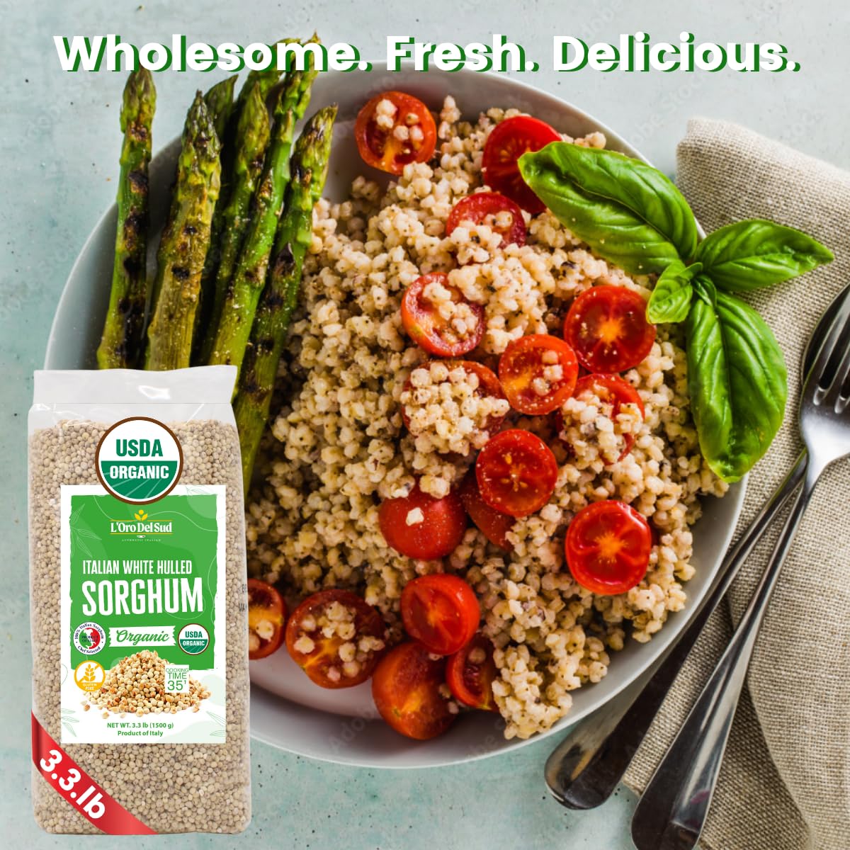 Sorghum salad with tomatoes and asparagus, accompanied by a package of L'Oreal Paris Italian White Balled Sorghum.