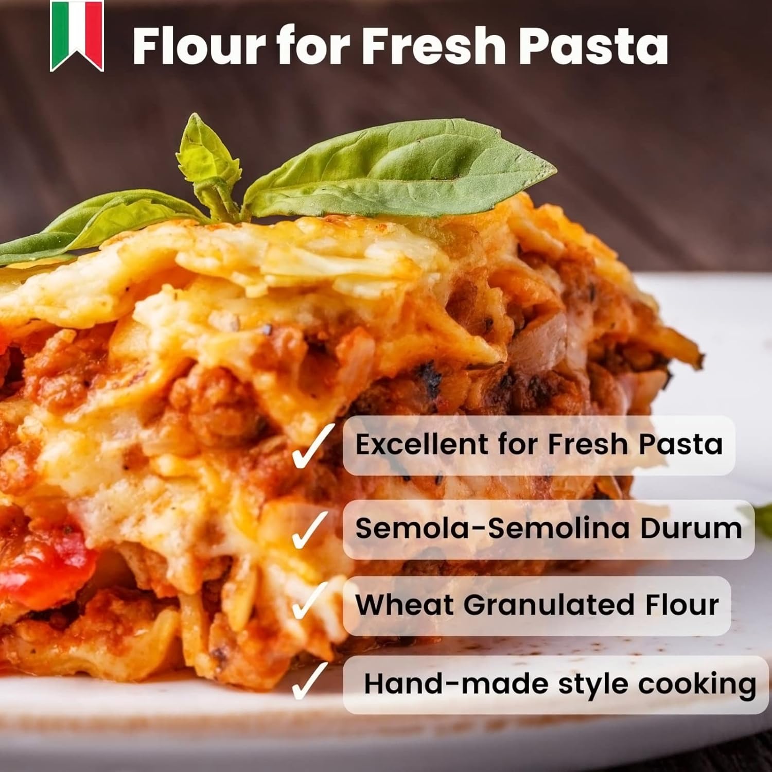 Pasta dish with text highlighting flour features for fresh pasta