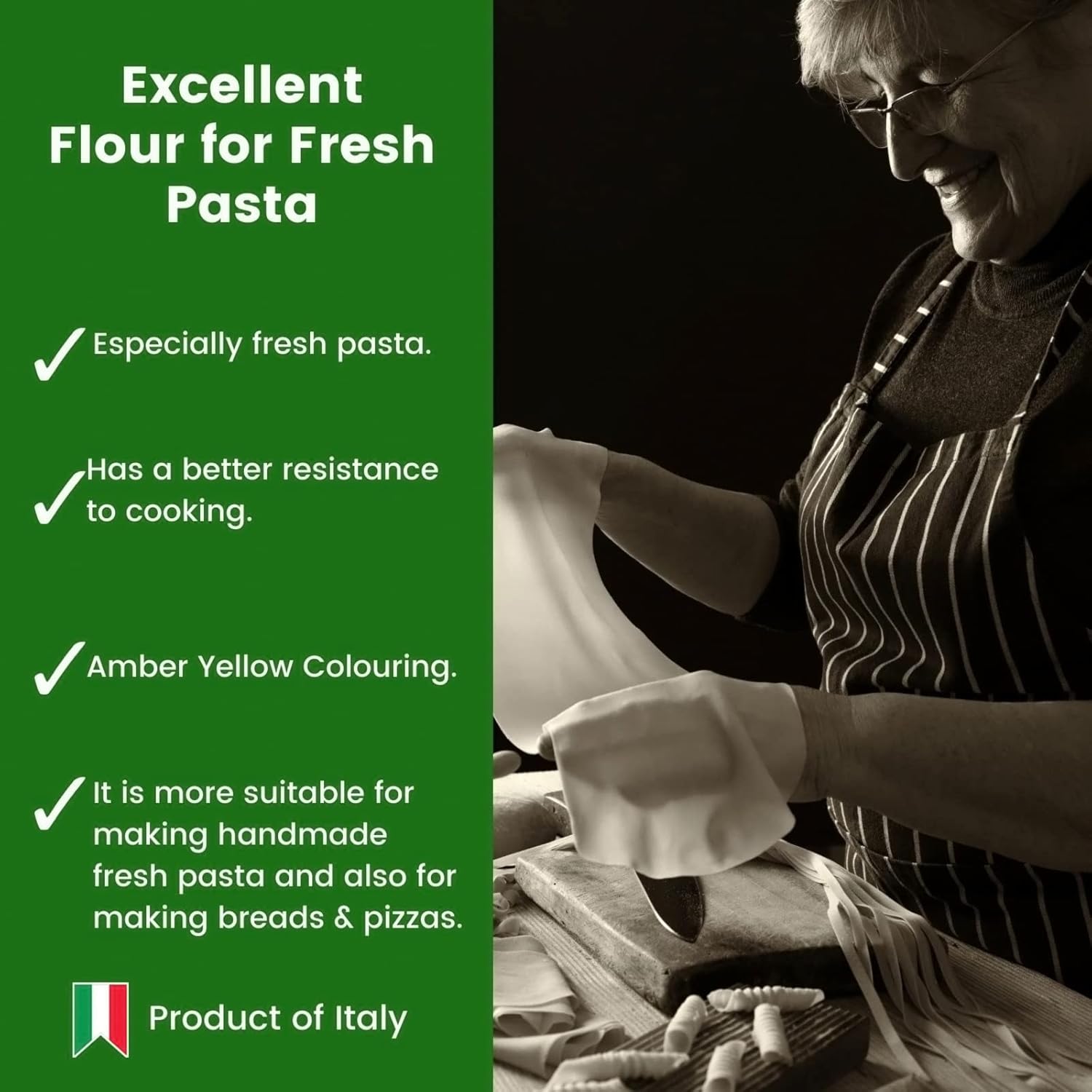 Person making pasta with text about flour quality on a green sidebar