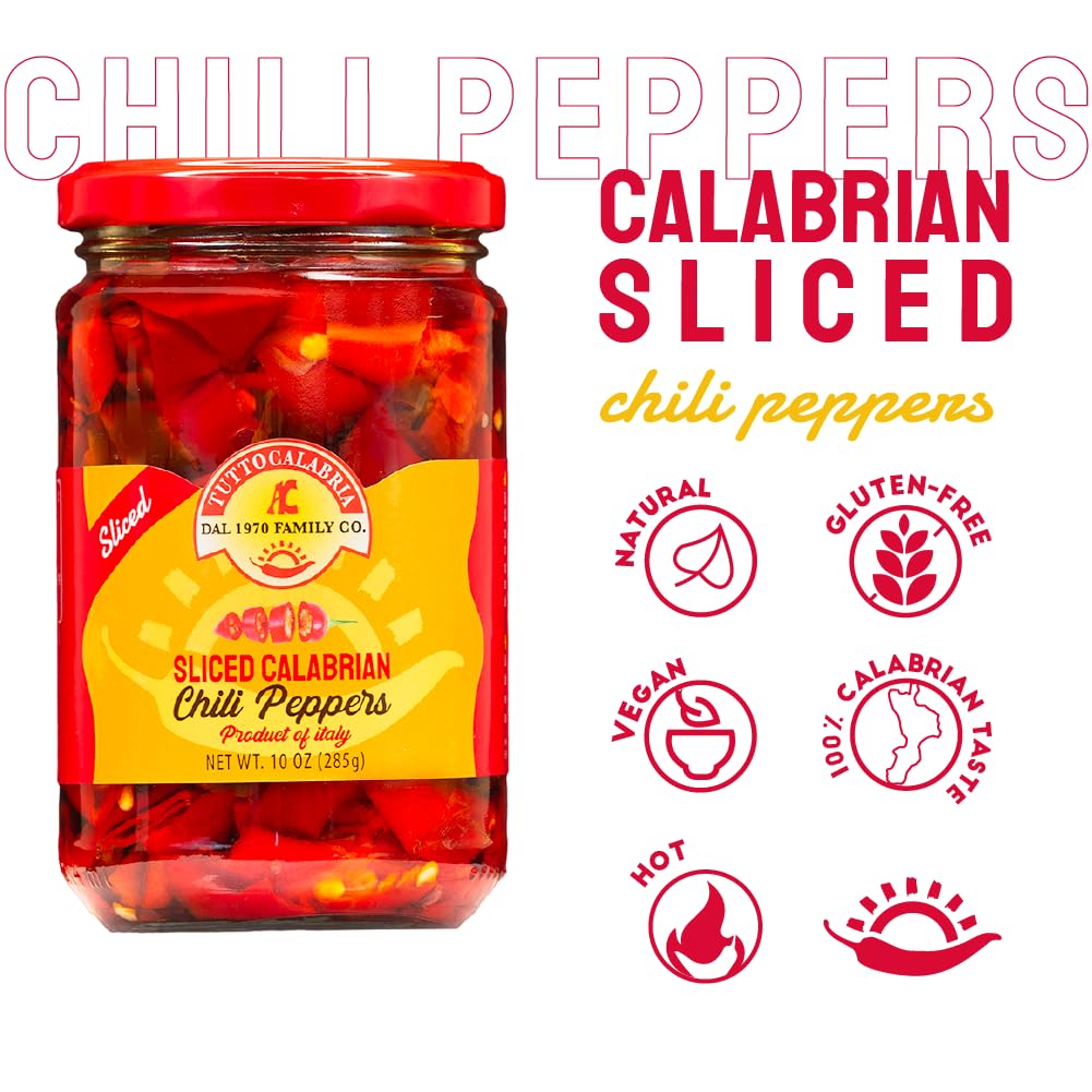 Jar of sliced Calabrian chili peppers with brand logo and product details on a white background