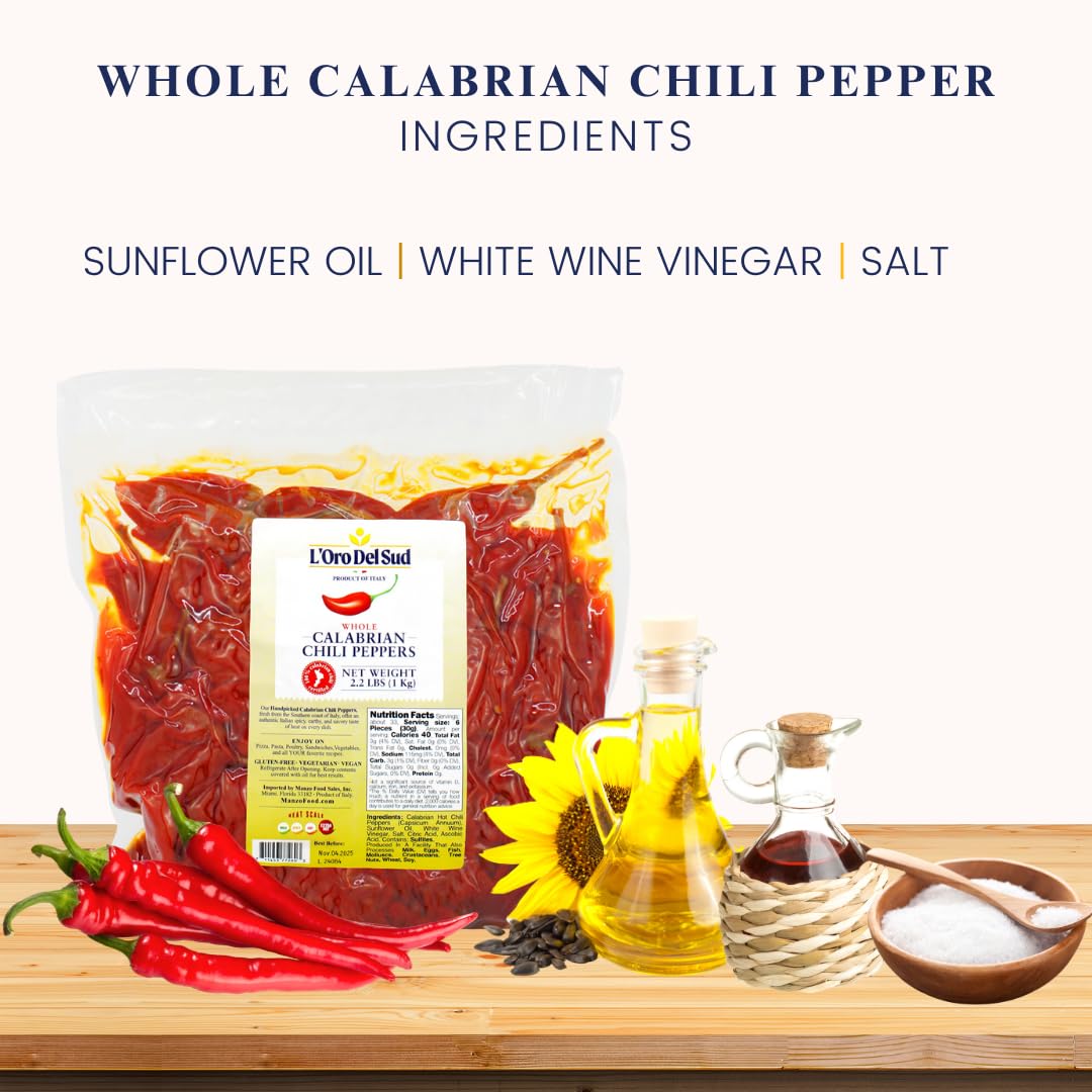 Ingredients for Whole Calabrian Chili Pepper on a wooden surface with sunflower oil, white wine vinegar, and salt.