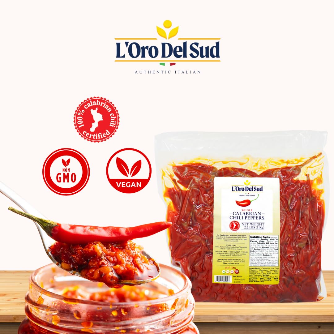 L'Oro Del Sud Calabrian Chili Peppers packaging with jar of chili paste on a white background