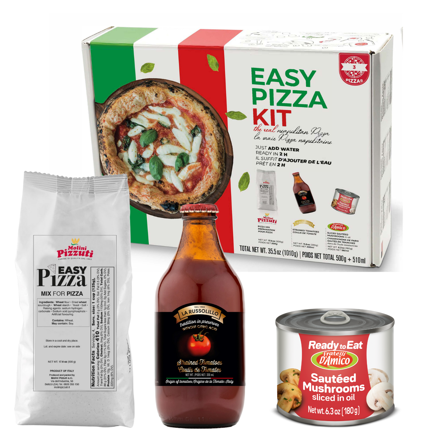 Pizza Kit from Italy, authentic homemade Neapolitan Pizzas, just add water,  ready in 2 hours, Product of Italy, for 3 portions, By Fratelli D'Amico