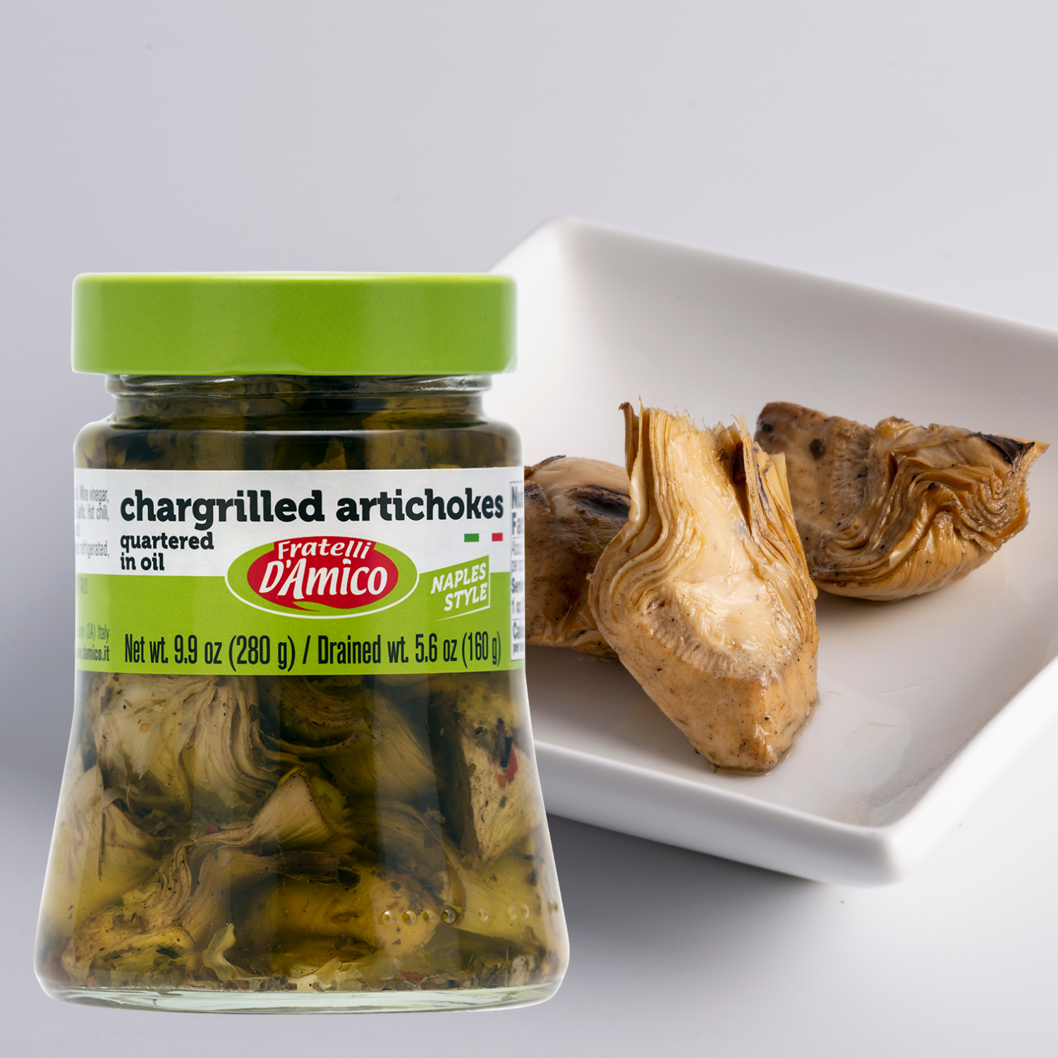Fratelli D'Amico Chargrilled Artichokes Quartered in Oil. Net wt. 9.9oz (280g)