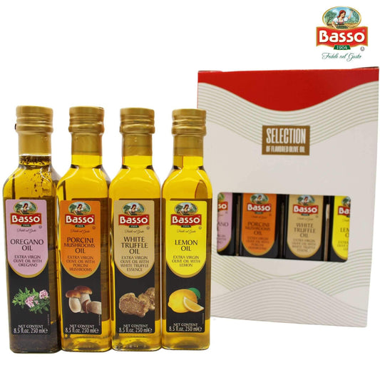 Basso 1904 infused extra virgin olive oil gift set with four bottles including oregano oil, porcini mushroom oil, white truffle oil, and lemon oil, 250 ml each, displayed with packaging box.