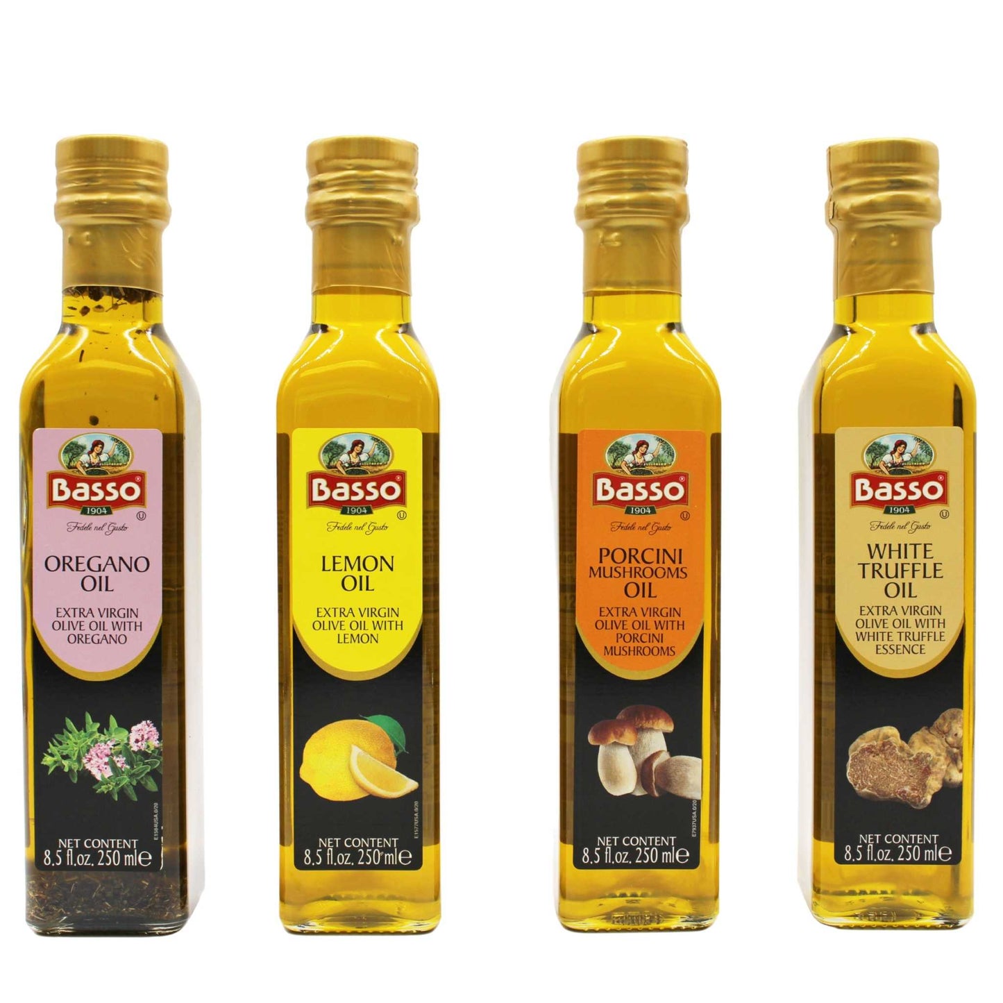 Basso 1904 Infused Extra Virgin Olive Oil Bottles – 8.5 fl. oz (250 ml) each, featuring Oregano, Lemon, Porcini Mushroom, and White Truffle flavors. Premium first cold-pressed EVOO infused with authentic Italian-grown herbs, spices, and aromatics.