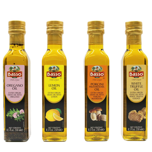 Basso 1904 Infused Extra Virgin Olive Oil Bottles – 8.5 fl. oz (250 ml) each, featuring Oregano, Lemon, Porcini Mushroom, and White Truffle flavors. Premium first cold-pressed EVOO infused with authentic Italian-grown herbs, spices, and aromatics.