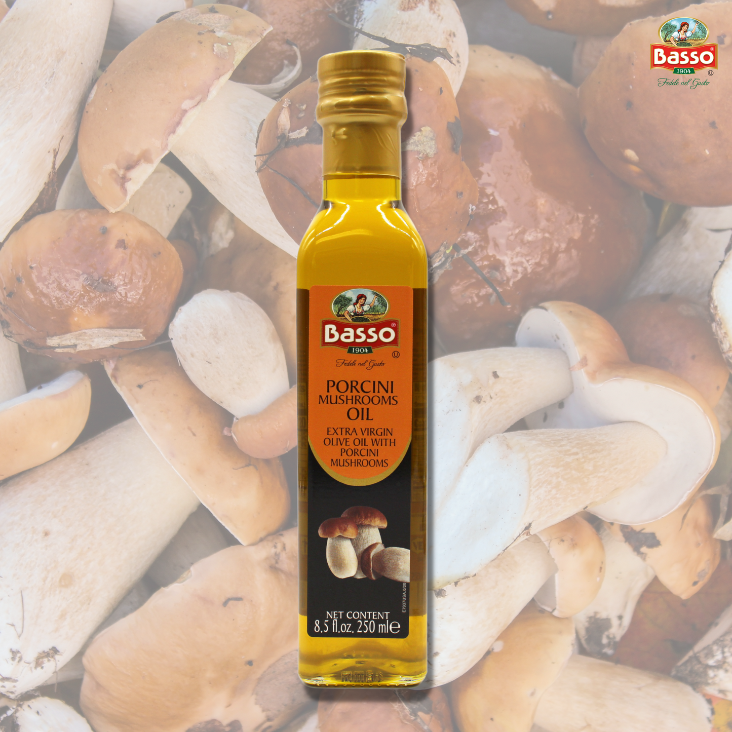 Basso 1904 Porcini Mushrooms Infused Extra Virgin Olive Oil 8.5 fl oz (250 ml) bottle displayed with fresh porcini mushrooms in the background