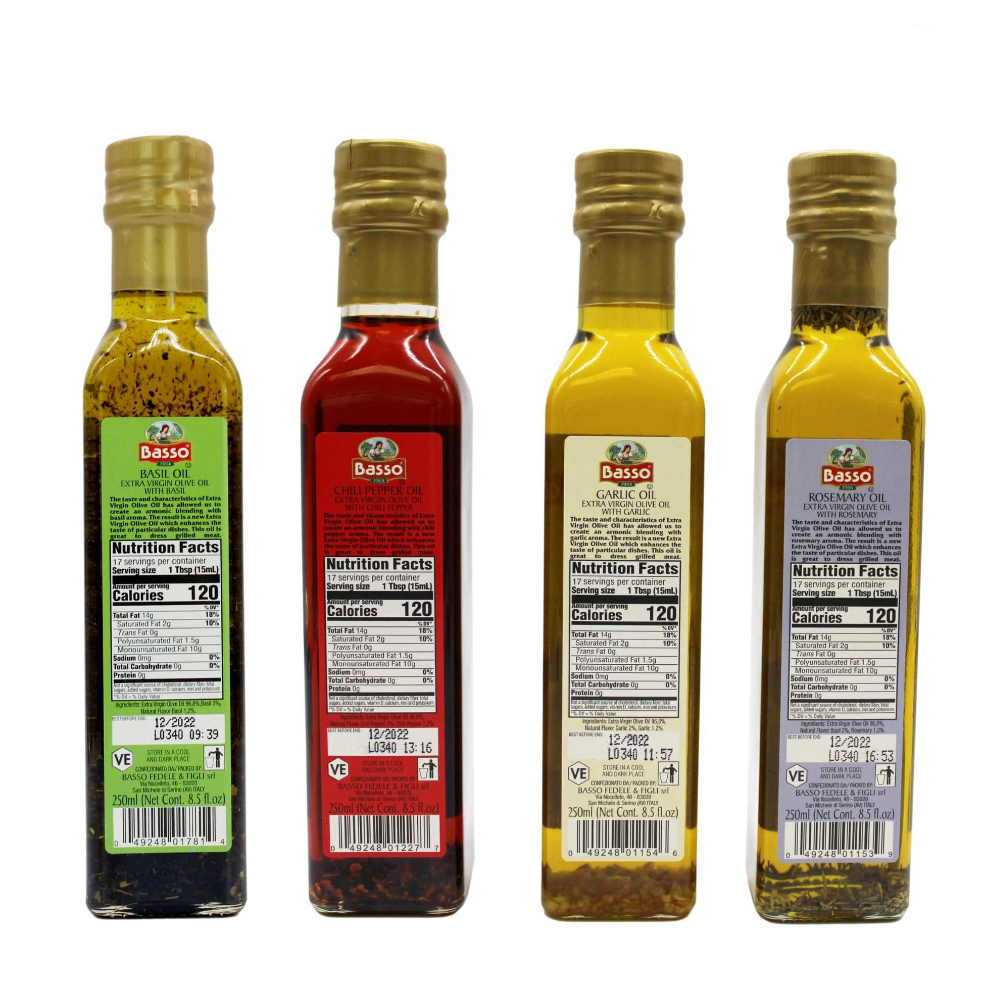 Back view of Basso flavored olive oil bottles, including basil oil, chili pepper oil, garlic oil, and rosemary oil, showing nutrition facts labels, 250ml each.
