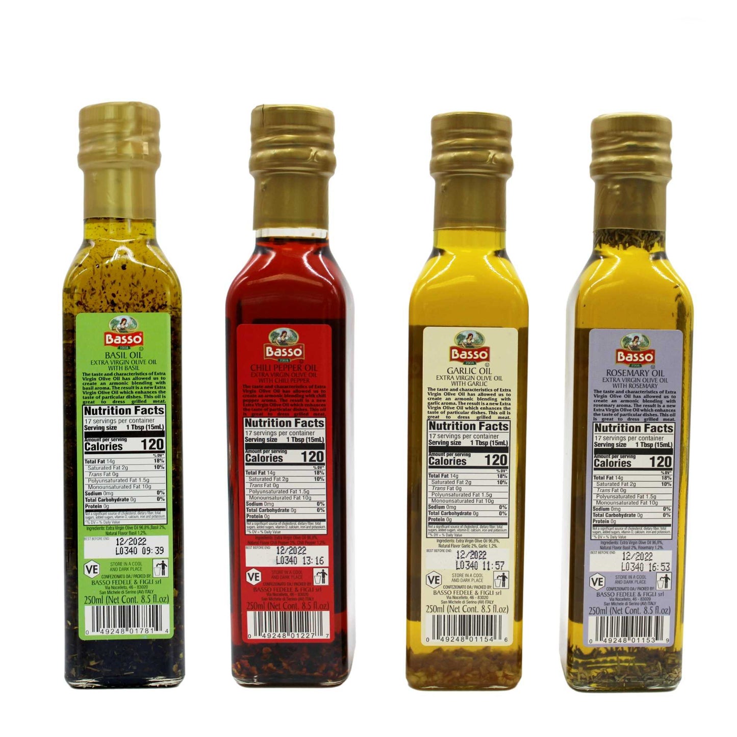 Back view of Basso flavored olive oil bottles, including basil oil, chili pepper oil, garlic oil, and rosemary oil, showing nutrition facts labels, 250ml each.