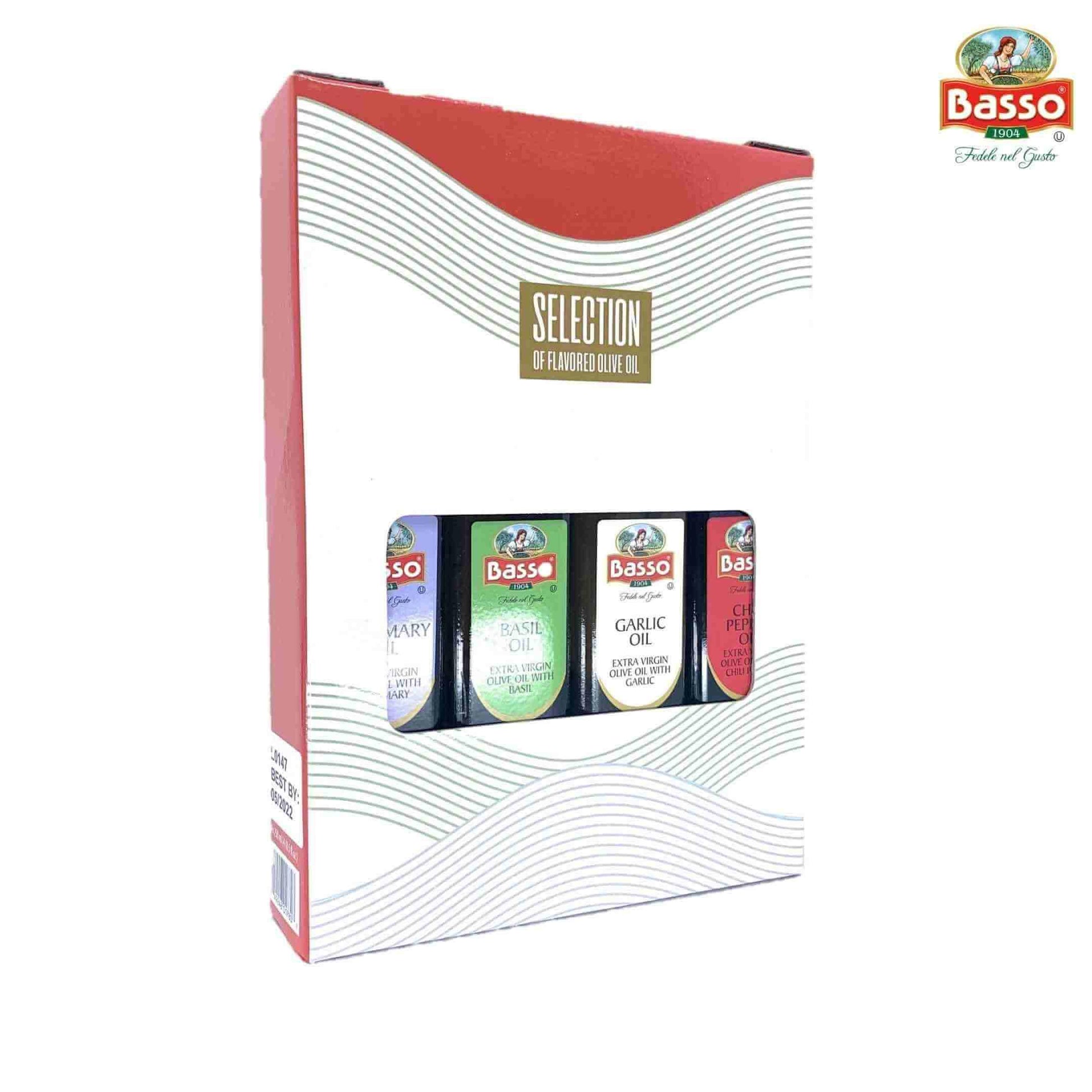 Basso selection gift box of flavored extra virgin olive oil, including basil oil, garlic oil, rosemary oil, and chili pepper oil, premium Italian set.