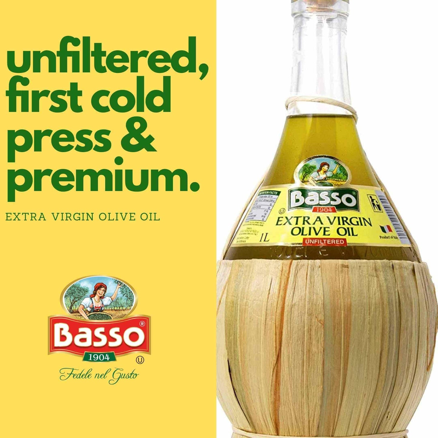 Basso Unfiltered "Premium" First Cold Pressed" Extra Virgin Olive Oil (Wicker / Straw Basket)