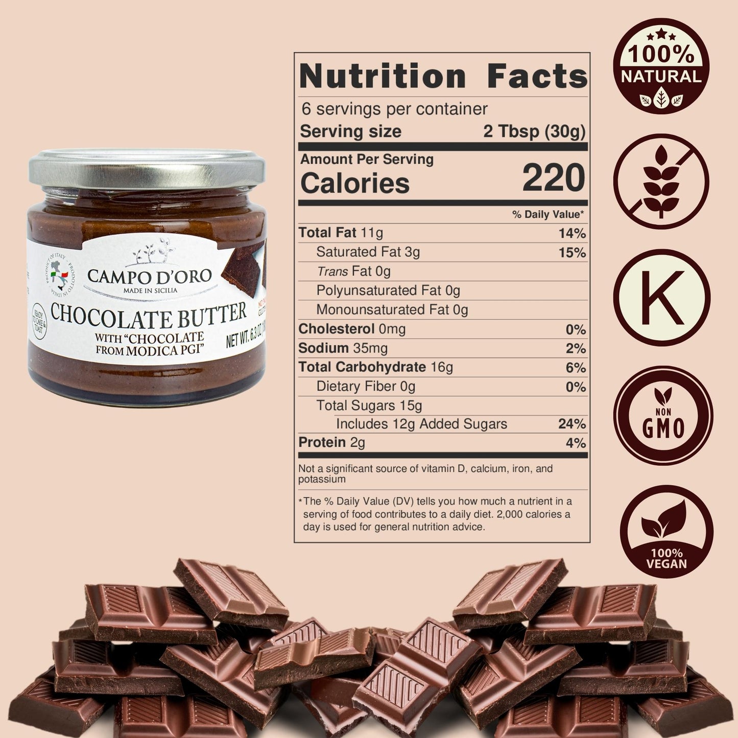Campo D’Oro Chocolate Butter with Modica PGI, sweet chocolate cream spread in glass jar 6.35oz, authentic Italian spread