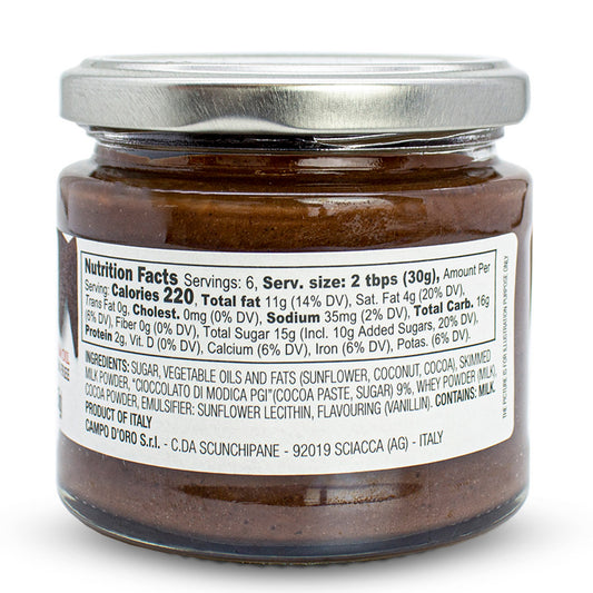 Campo D’Oro Chocolate Butter with Modica PGI, sweet chocolate cream spread in glass jar 6.35oz, authentic Italian spread