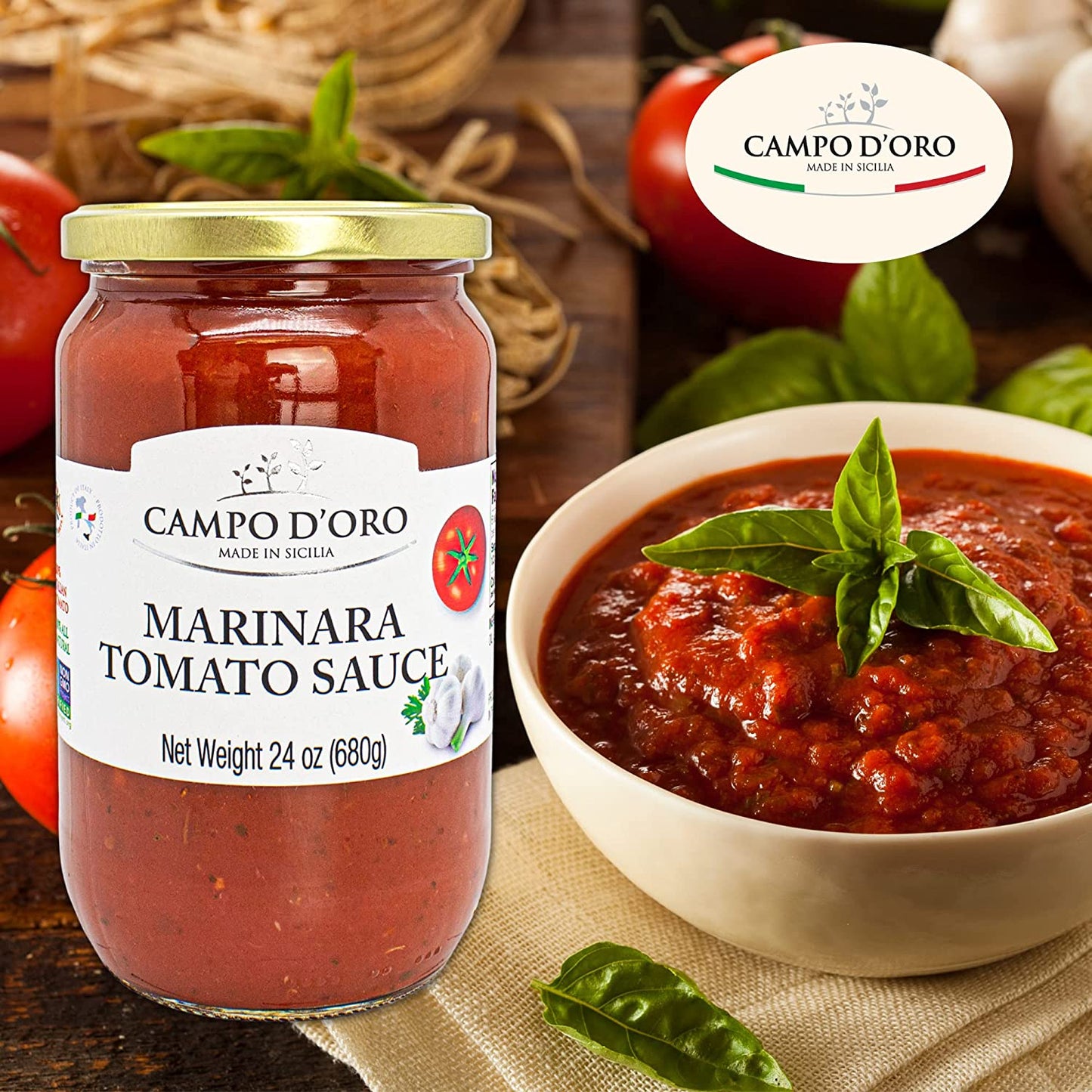 Campo D’Oro marinara tomato sauce made with Italian tomatoes, garlic, basil, parsley, oregano and extra virgin olive oil, authentic Italian pasta sauce in glass jar 24oz